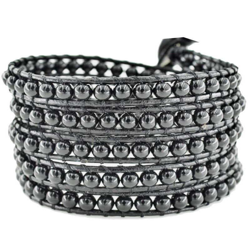 Les Bracelets - Bracelets Onyx Noir Billes 4 mm & Cuir