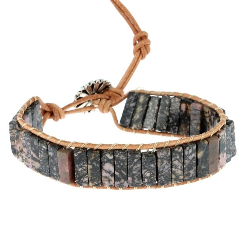 Les Bracelets - Bracelets Rhodonite de Madagascar Petits Cubes 4 x 13 mm et Cuir