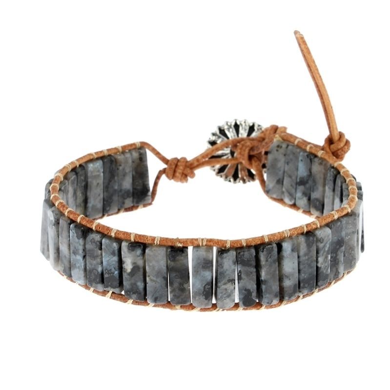 Les Bracelets - Bracelets Larvikite (Labradorite Noire) Petits Cubes 4 x 13 mm et Cuir