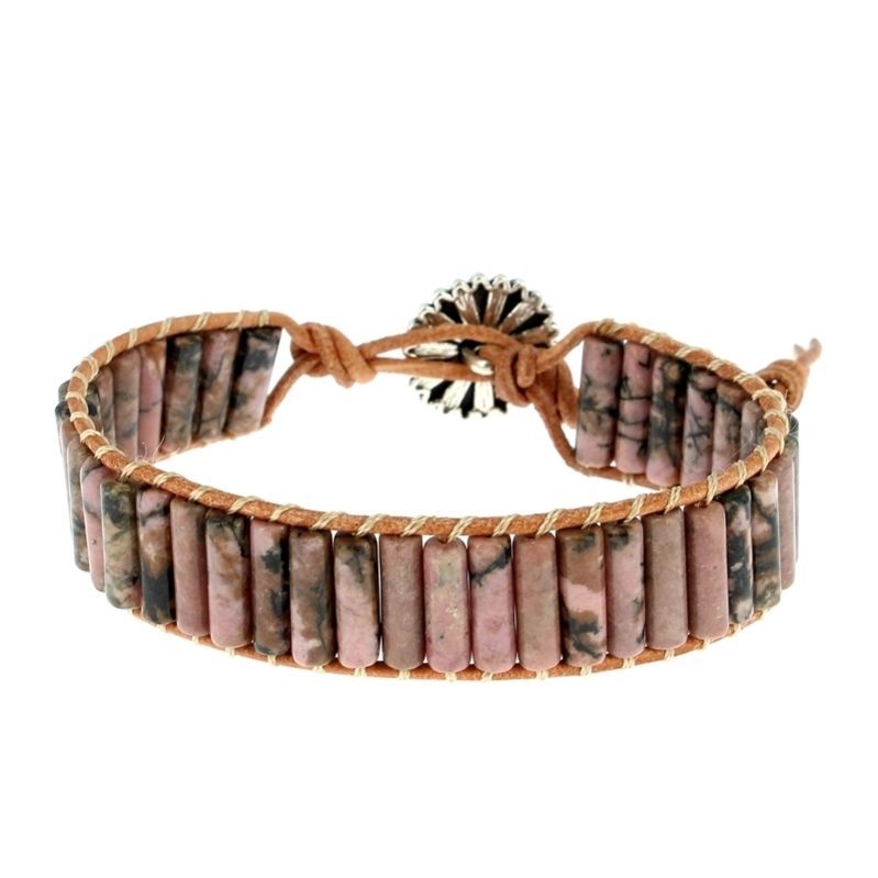 Les Bracelets - Bracelets Rhodonite de Madagascar Petits Tubes 4 x 13 mm et Cuir