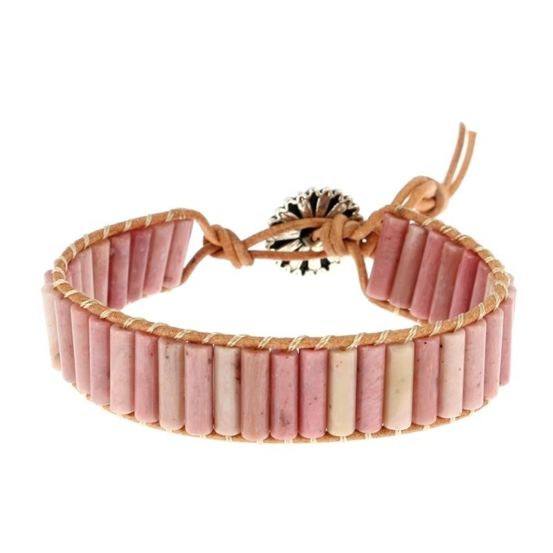 Les Bracelets - Bracelets Rhodonite Rose Petits Tubes 4 x 13 mm et Cuir