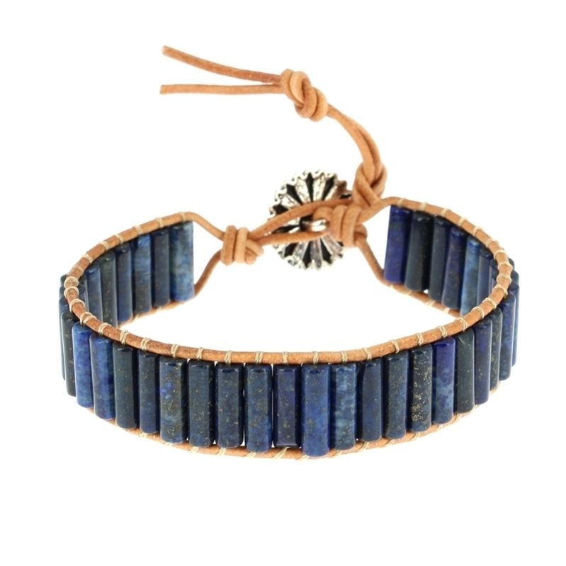 Les Bracelets - Bracelets Lapis-Lazuli EXTRA Petits Tubes 4 x 13 mm et Cuir