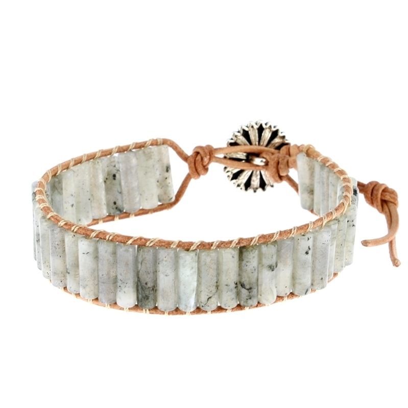 Les Bracelets - Bracelets Labradorite Petits Tubes 4 x 13 mm et Cuir