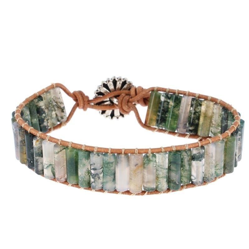 Les Bracelets - Bracelets Agate Mousse Petits Tubes 4 x 13 mm et Cuir
